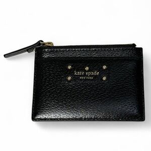 Kate Spade Black Gold Hardware Pebbled Leather Zip Card Holder Designer Luxury